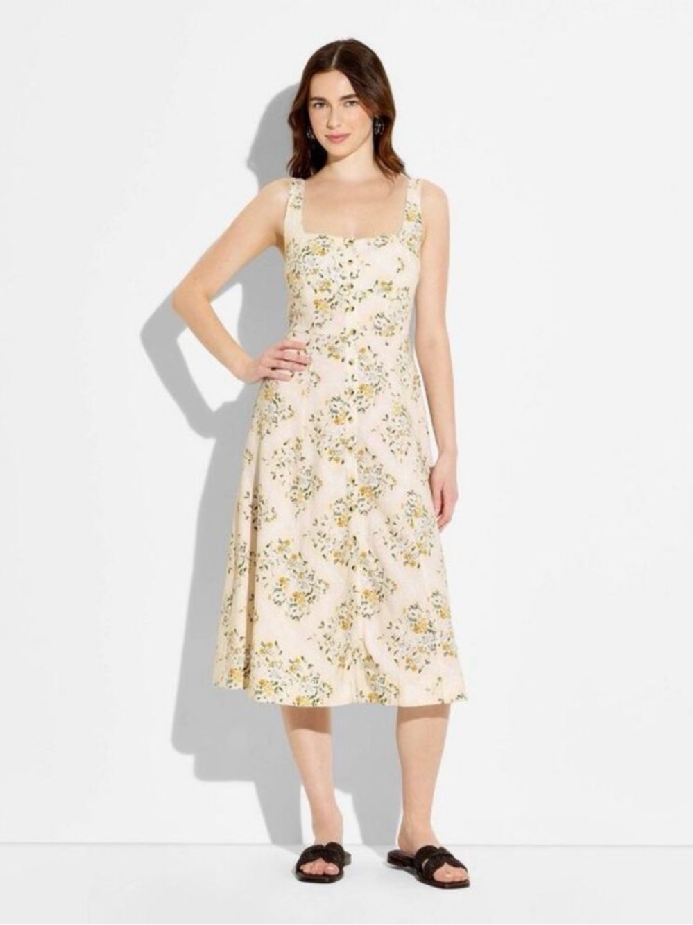 wild fable Cream Floral Square-Neck Midi Dress